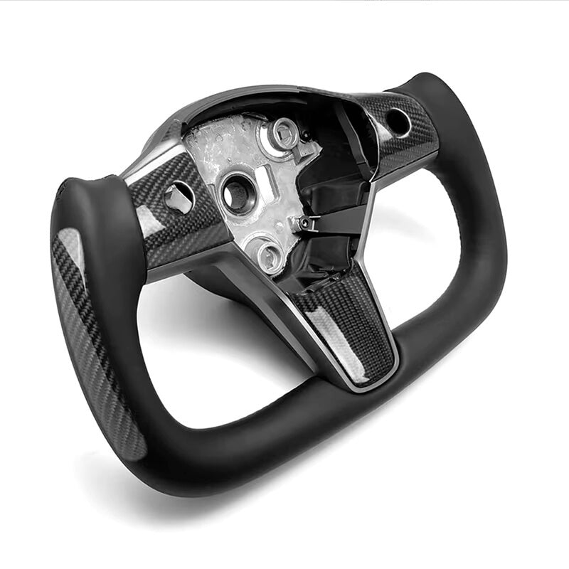 Tesla 3/Y/S/X - Yoke - Sort Nappa Læder / Carbon Detaljer - 2018-2024
